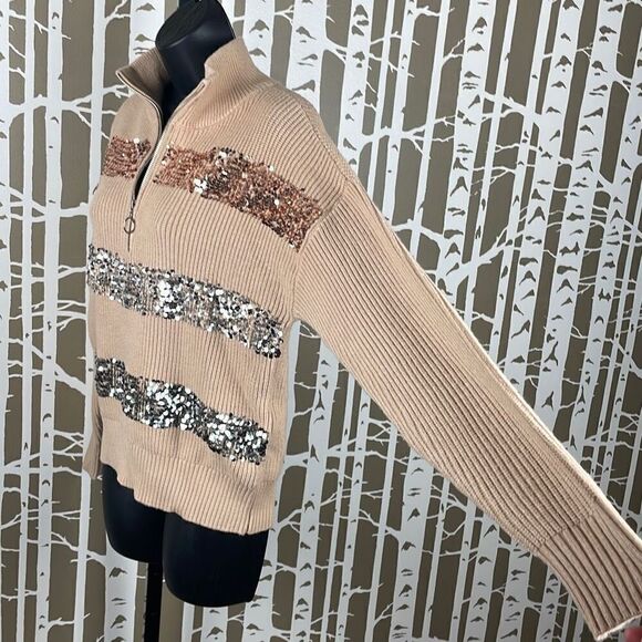 Nine West Mock Zip Neck Sequined Striped Sweater S Camel - Picture 3 of 9